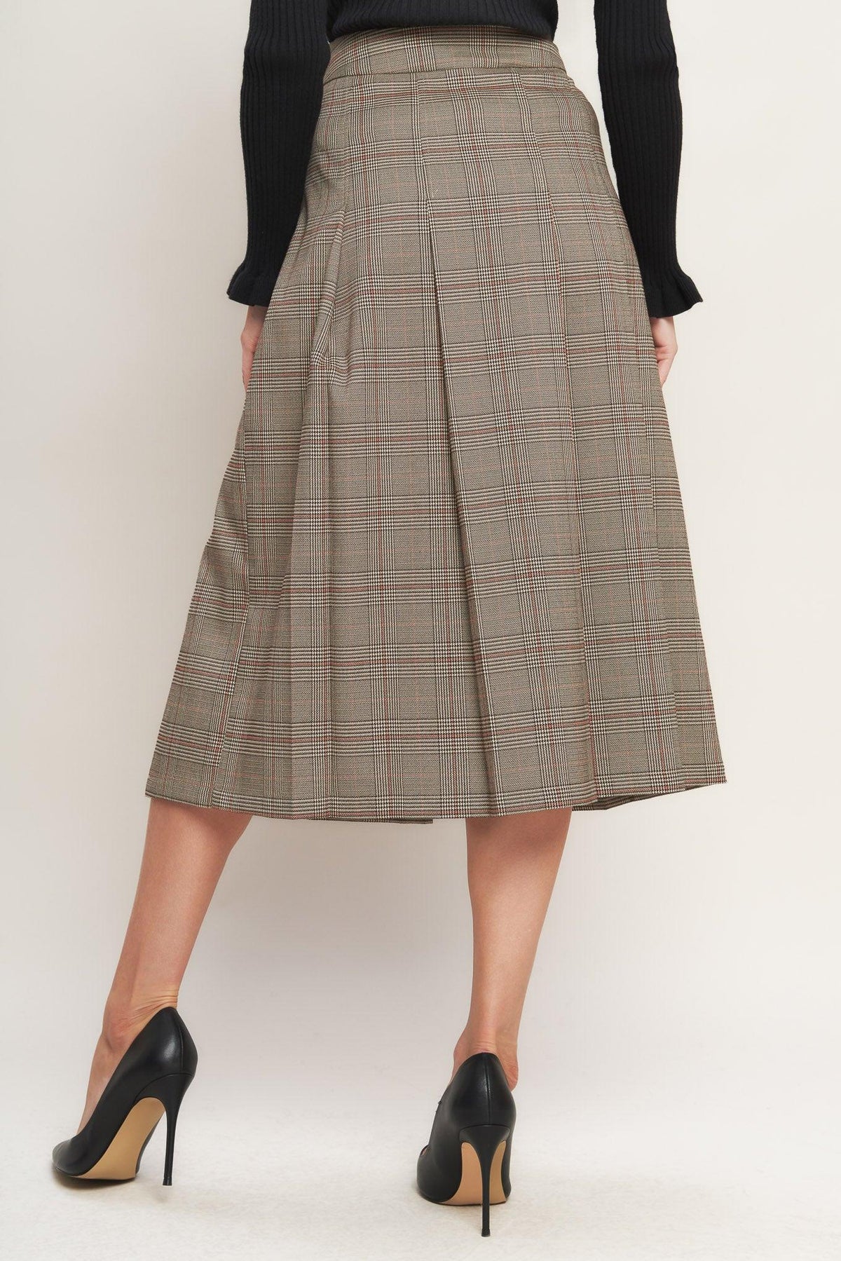 Brown plaid woven midi skirt with pleated back and belted waist