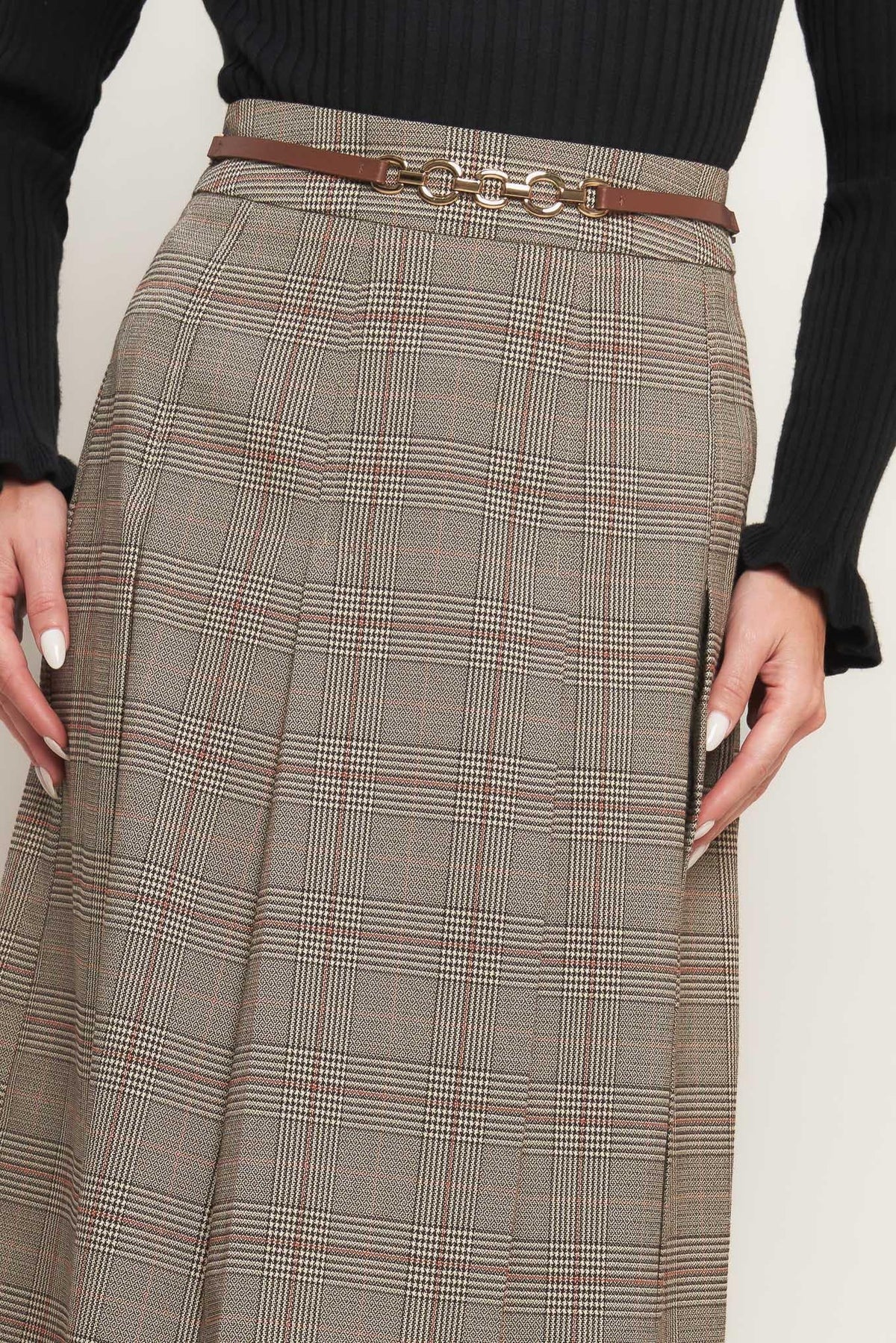 Brown plaid midi skirt with belt and decorative metal buckle at waist