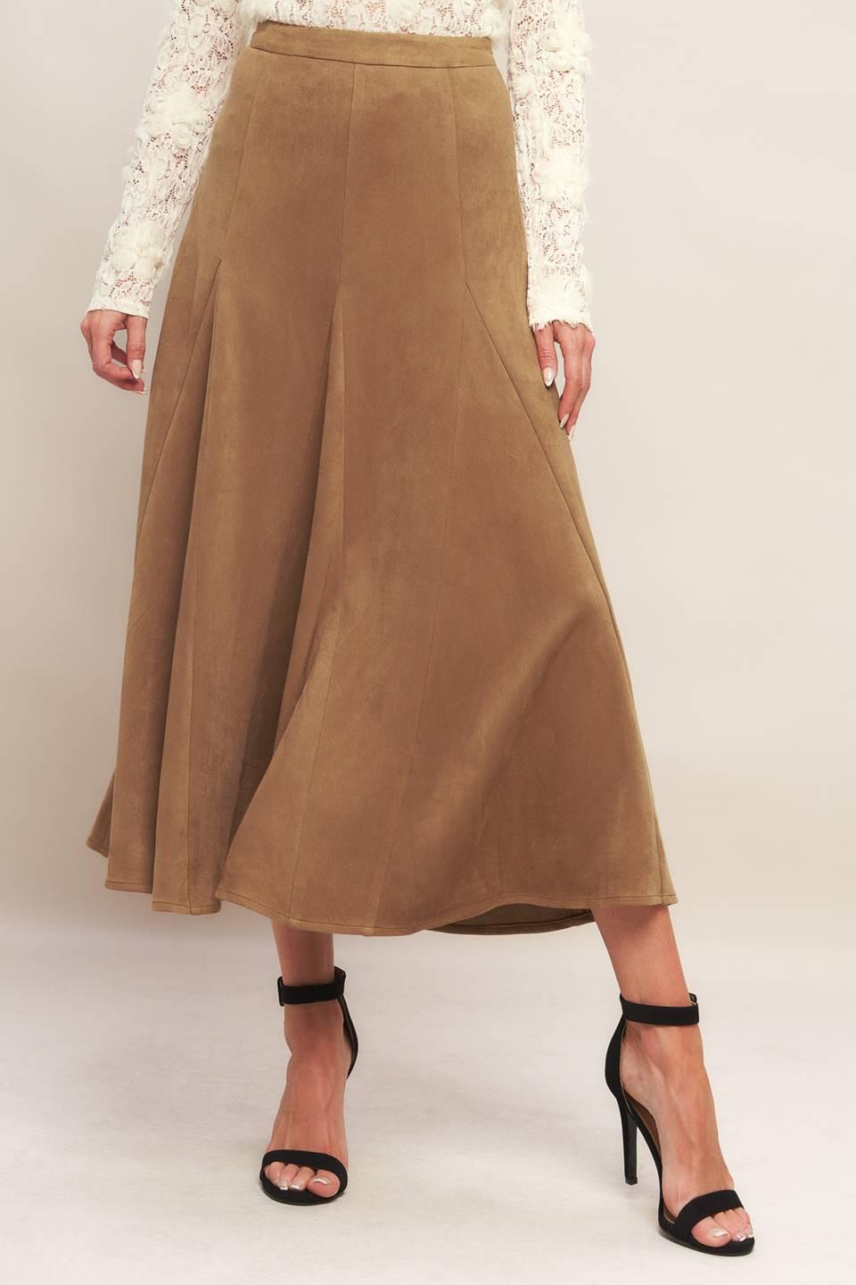 Camel faux suede midi skirt with pleated A-line silhouette and fitted waistband