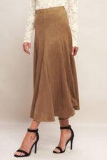 Camel faux suede midi skirt with vertical seams and gathered pleats, A-line