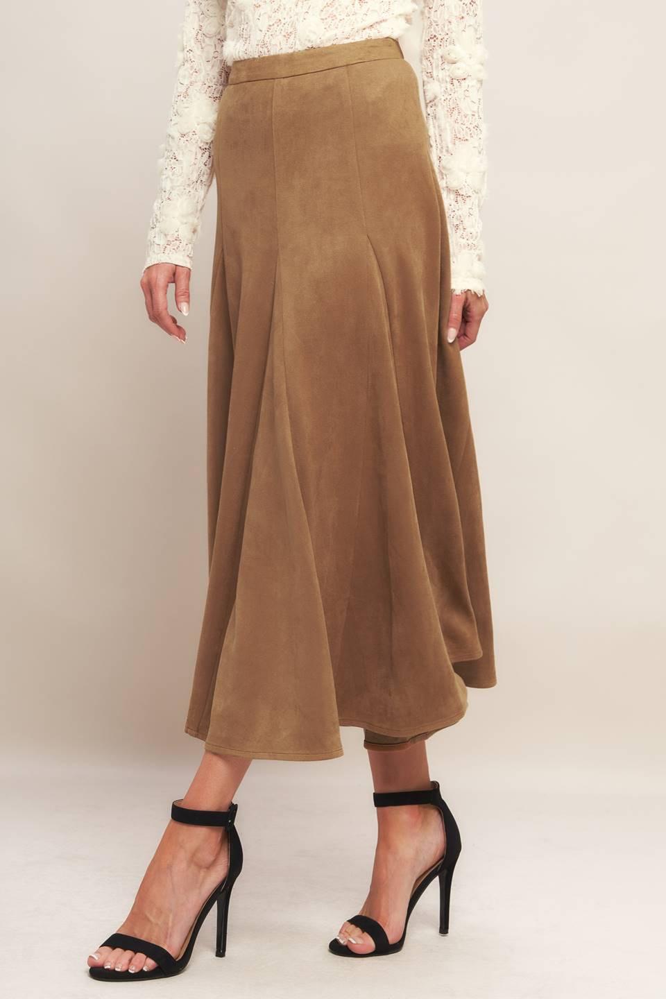 Camel faux suede midi skirt with vertical seams and gathered pleats, A-line