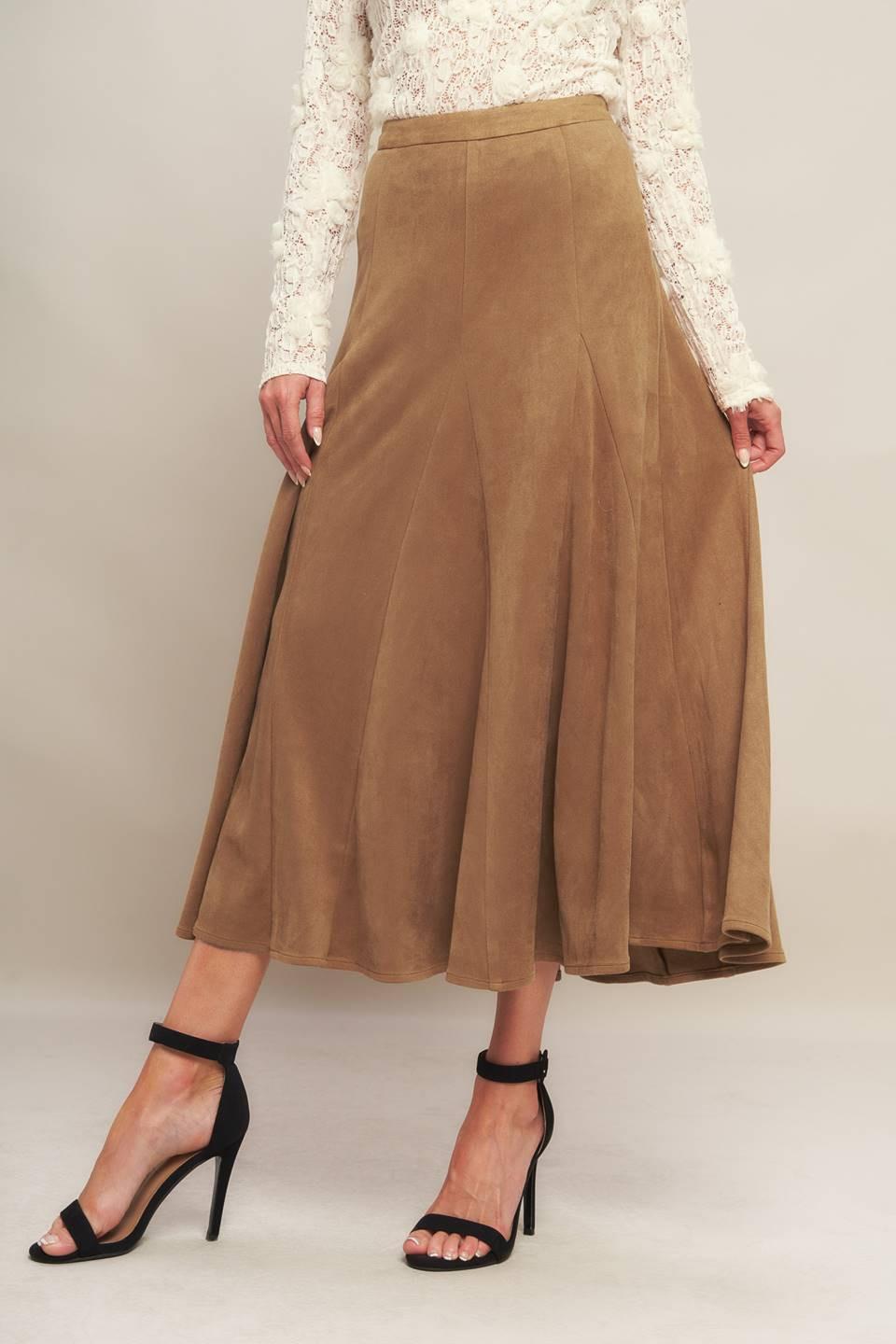 Camel faux suede midi skirt, wide pleats and full swing hem over fitted waistband