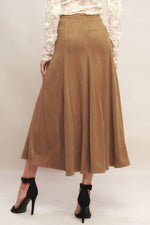 Camel faux suede midi skirt with structured pleats and buttonless waistband