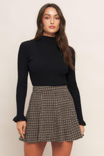 Hound flare tweed woven skirt in brown-and-black houndstooth plaid, A-line flare