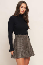 Hound flare tweed woven skirt in brown-and-black houndstooth plaid, short flare