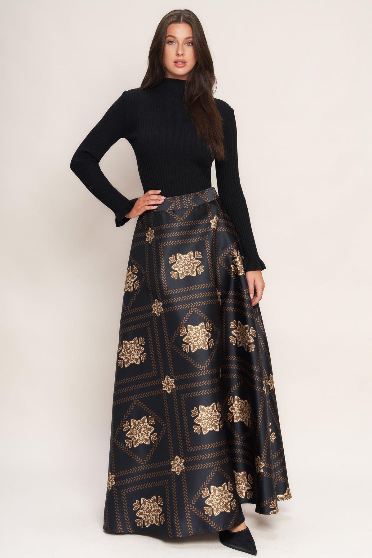 Black maxi circle skirt with woven gold floral lattice print