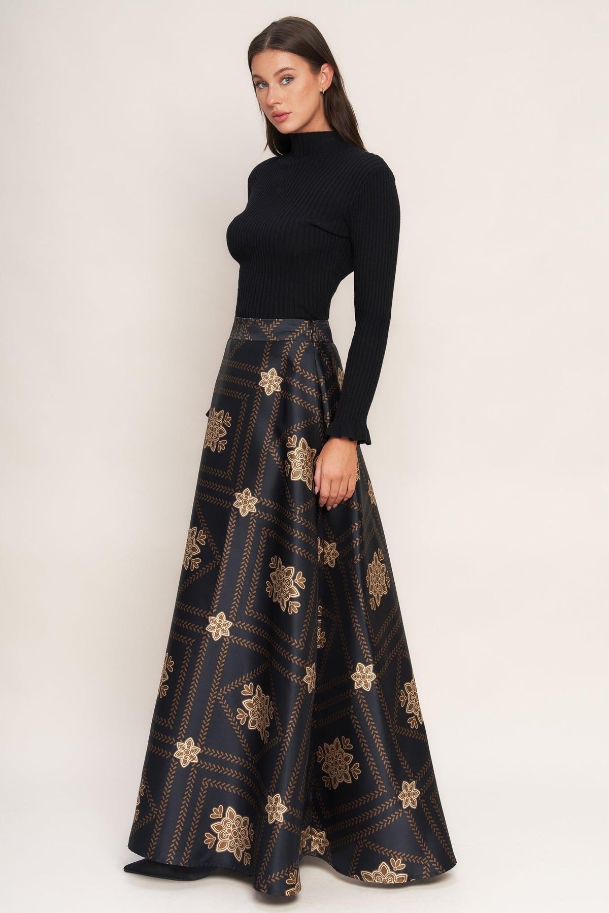 Black maxi circle skirt with gold floral lattice print and wide waistband