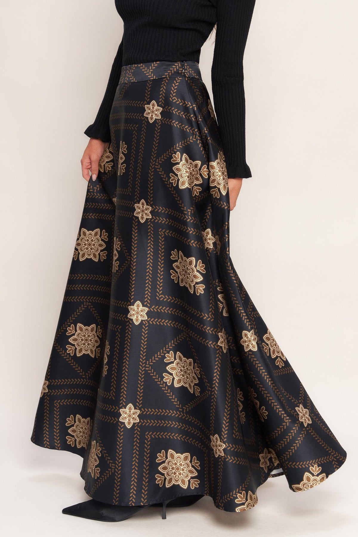 Black maxi circle skirt, gold floral medallion lattice design