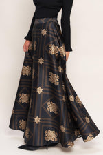 Black maxi circle skirt, gold floral medallion lattice design