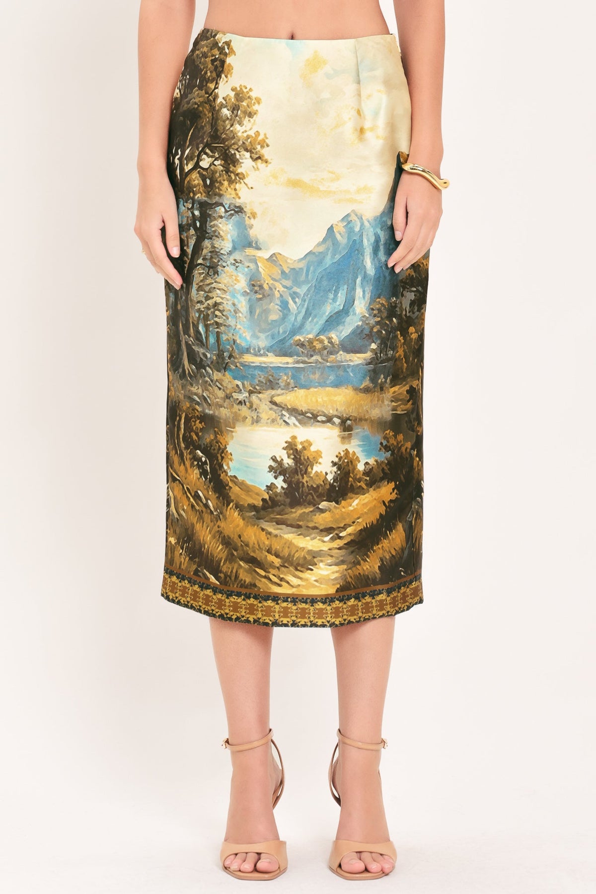 Cream multi woven pencil skirt with landscape print, straight silhouette, mid-calf hem