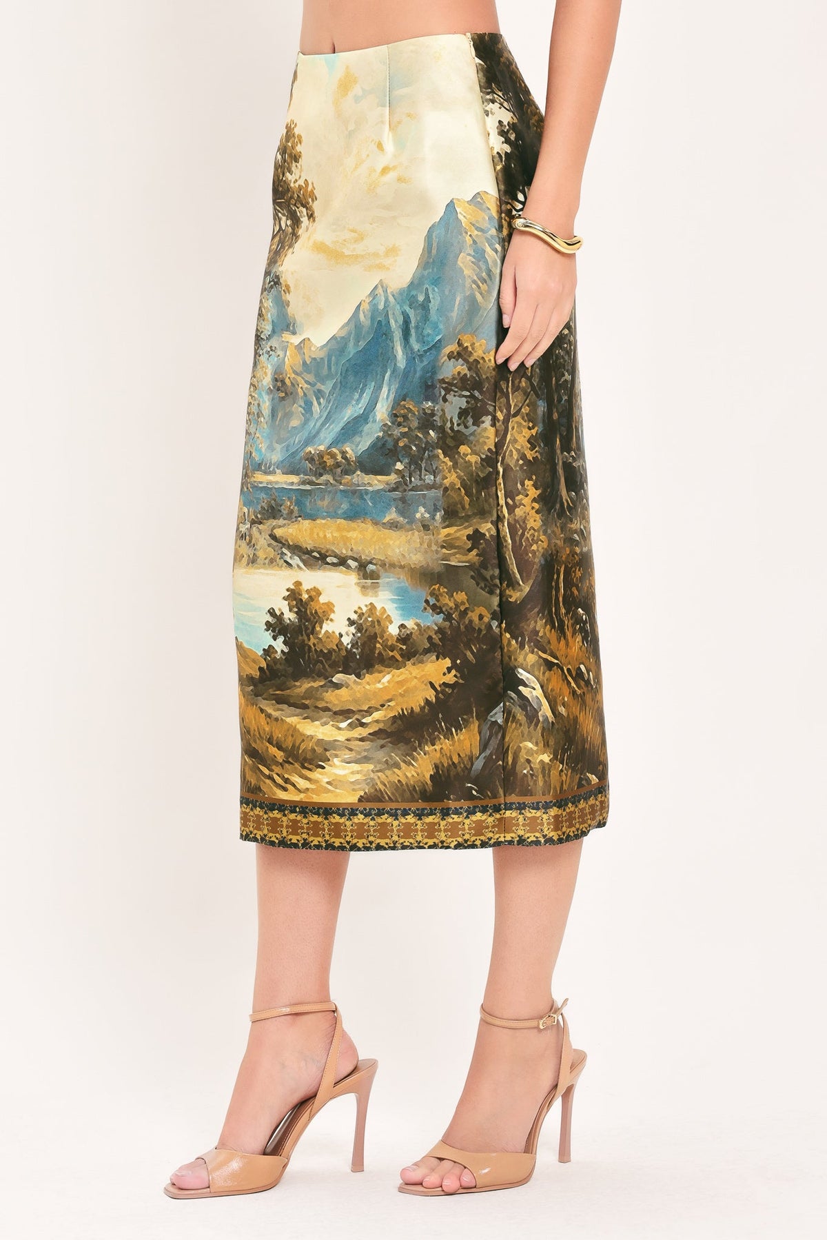 Cream multi woven pencil skirt with blue mountain landscape and straight mid-calf hem