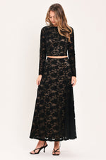 Black lace midi circle skirt with floral lace overlay and A-line circle shape