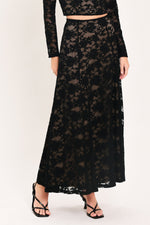 Black lace midi skirt with gathered pleats and full A-line flare