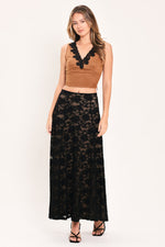 Black lace midi circle skirt with allover floral lace and relaxed waistband