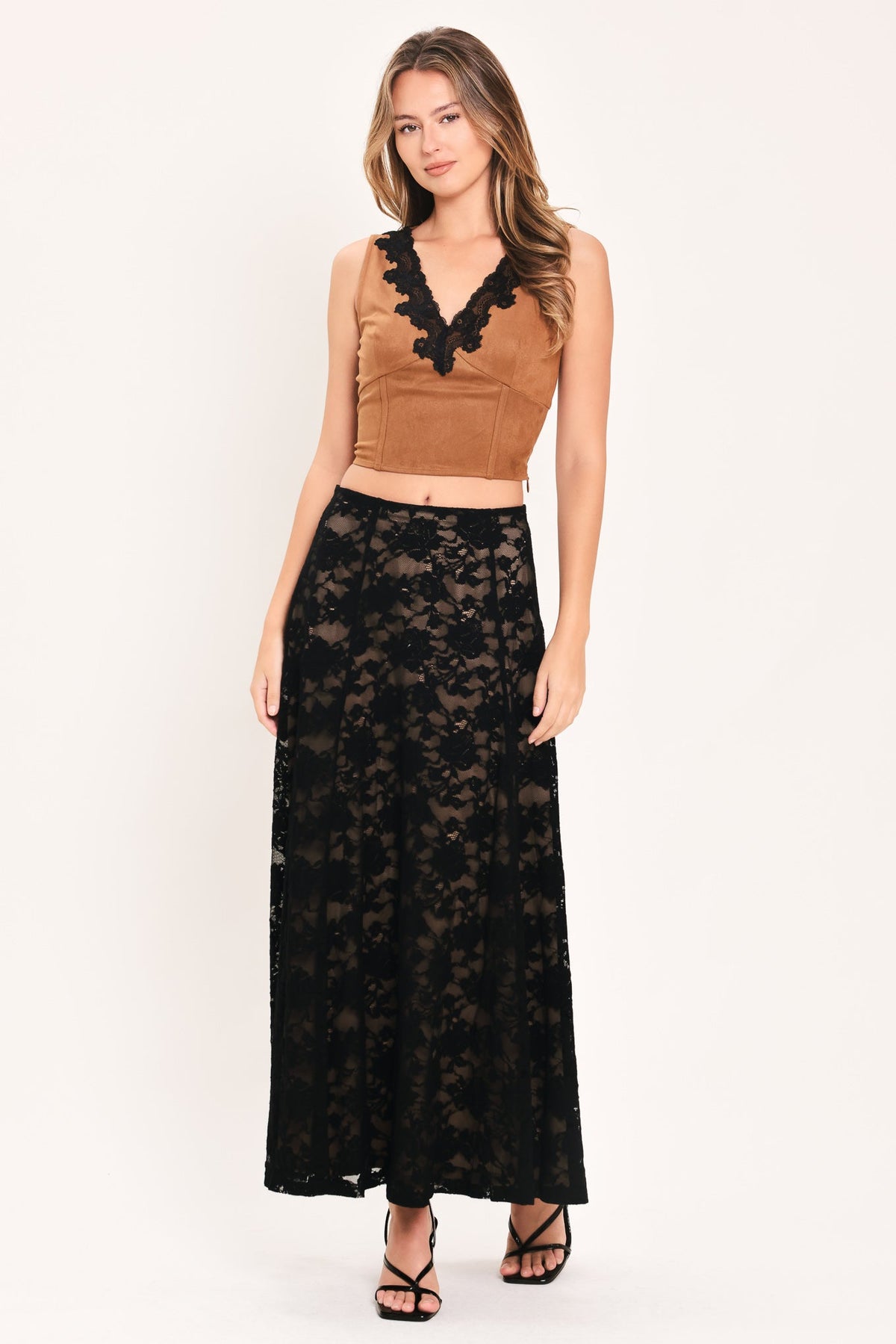 Black lace midi circle skirt with allover floral lace and relaxed waistband