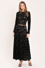 Black lace midi circle skirt with floral pattern and elastic waistband