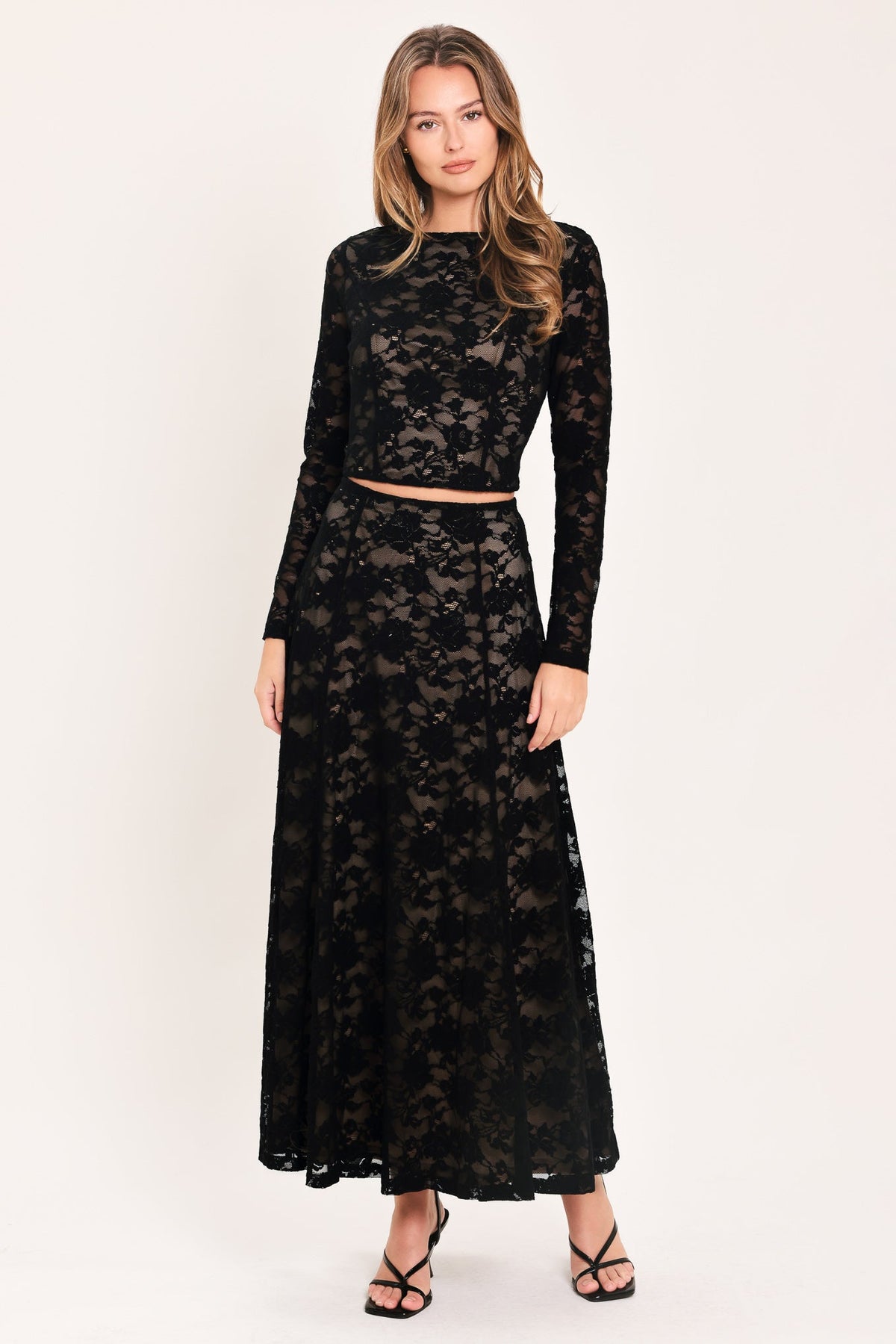 Black lace midi circle skirt with floral pattern and elastic waistband