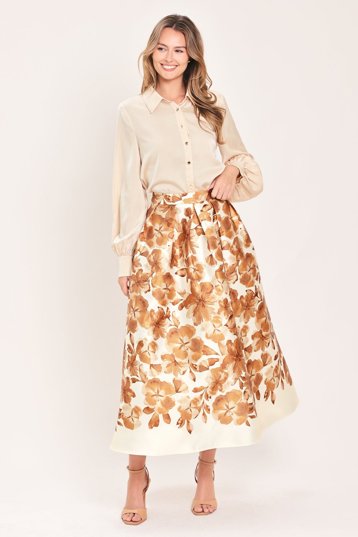 Cream midi skirt with rust floral print, gathered waist, flared full length