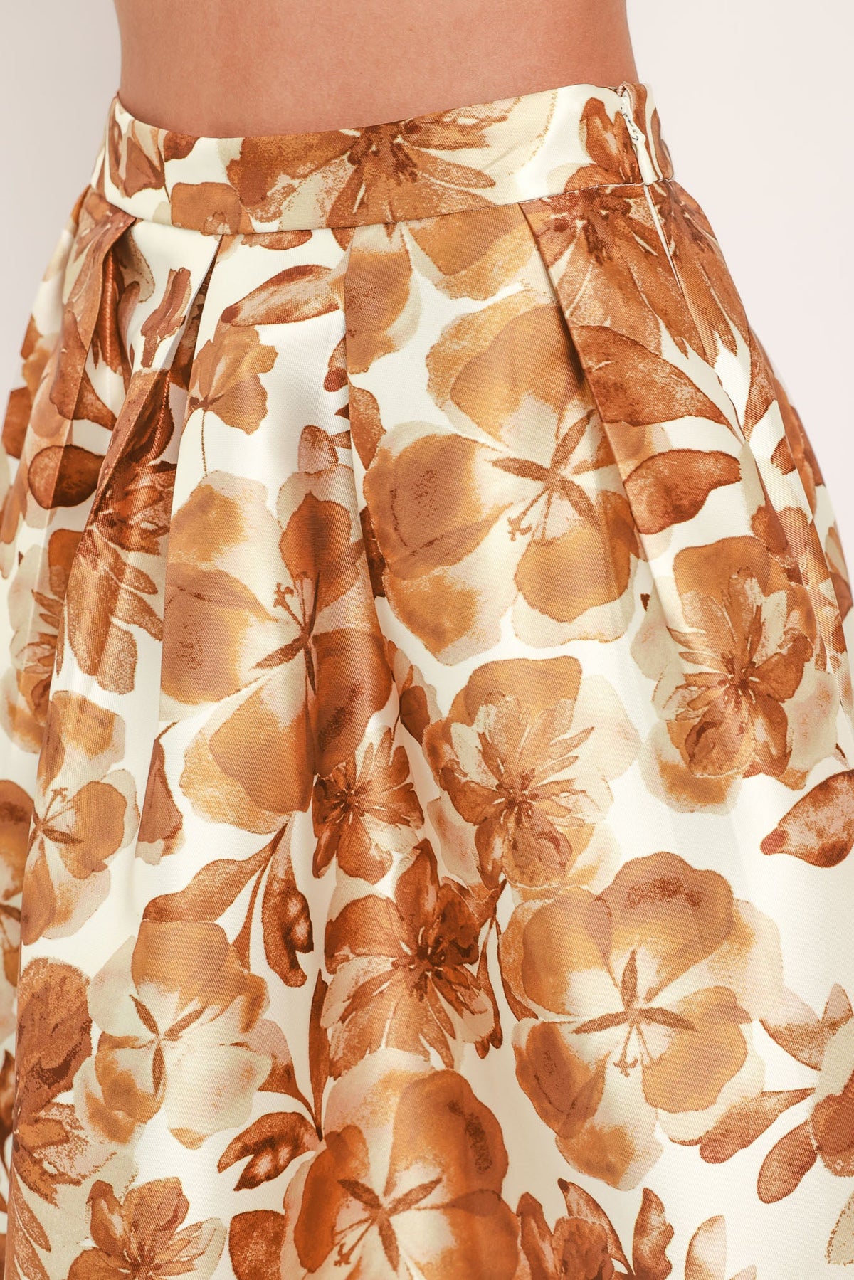 Cream full midi skirt with rust floral woven pattern and ruched waistband