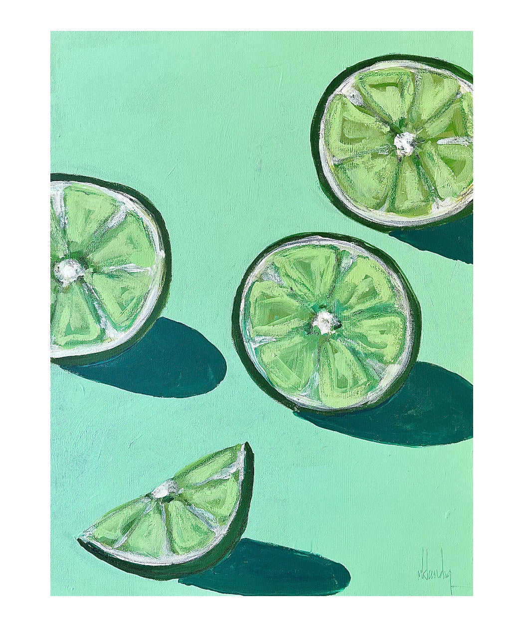 Square limited edition print of four green lime slices with white seeds, teal tones.