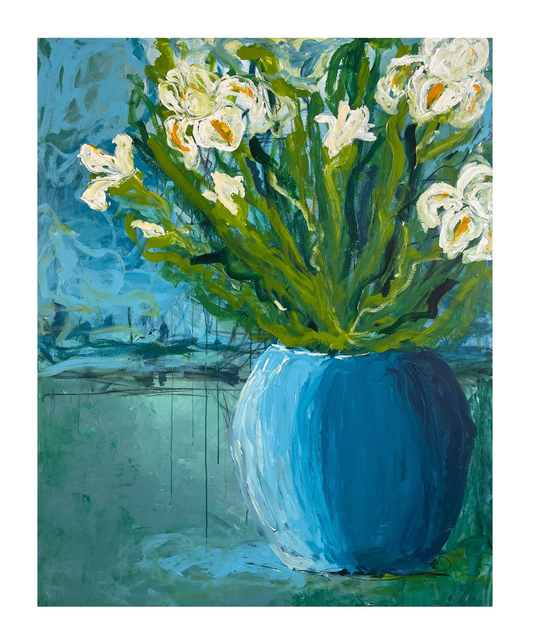 Limited edition art print with blue vase holding white flowers and green foliage