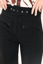 Black pants waistband with belt loops, snap button detail, and side pocket