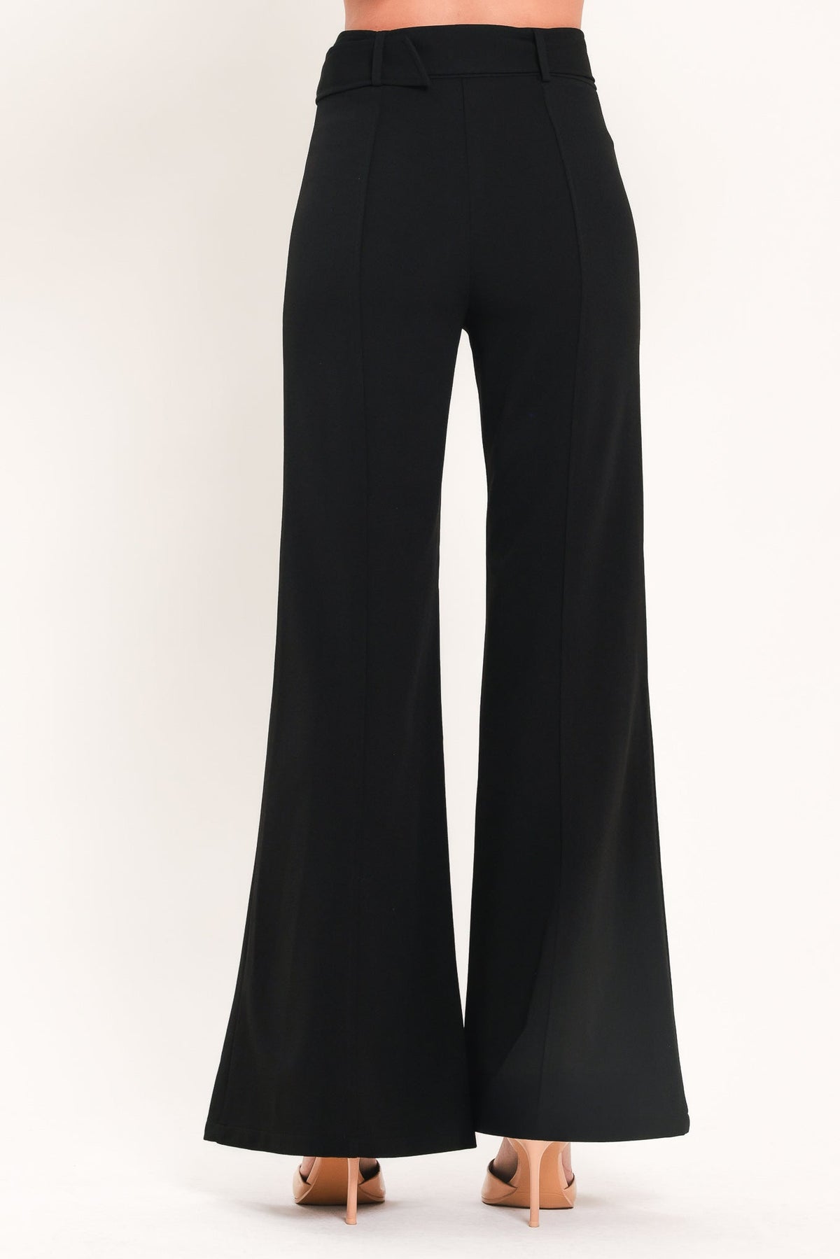 Black wide-leg pants back view with wide waistband and flared legs