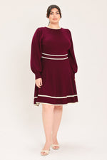 Wine sweater mini dress with ivory stripe waistband and hem, flared mini skirt, puff sleeves