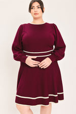 Wine sweater mini dress with long puff sleeves and striped hem, crew neck.