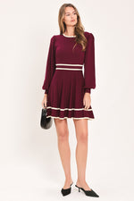 Wine sweater mini dress with ivory horizontal stripes, gathered skirt, puff sleeves