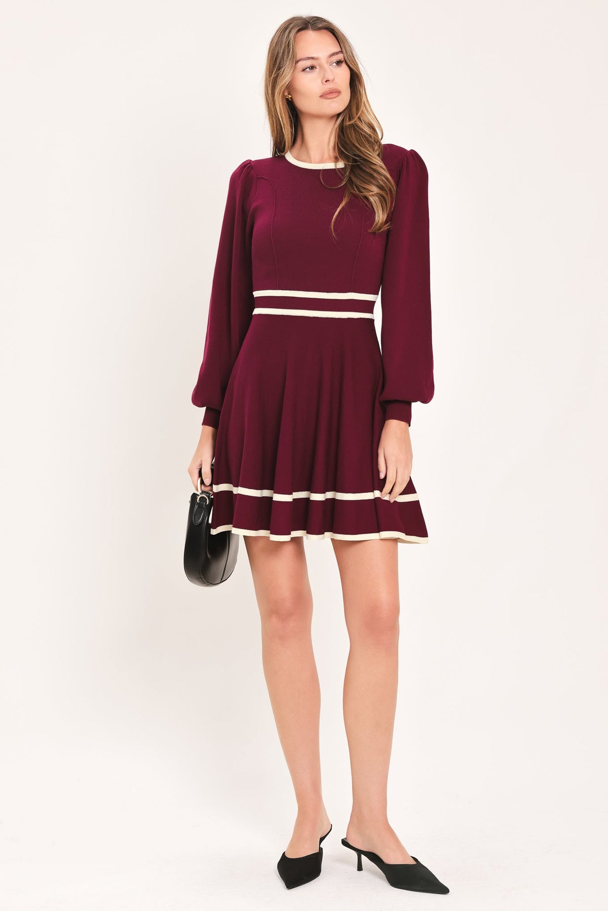 Wine sweater mini dress with ivory horizontal stripes, gathered skirt, puff sleeves