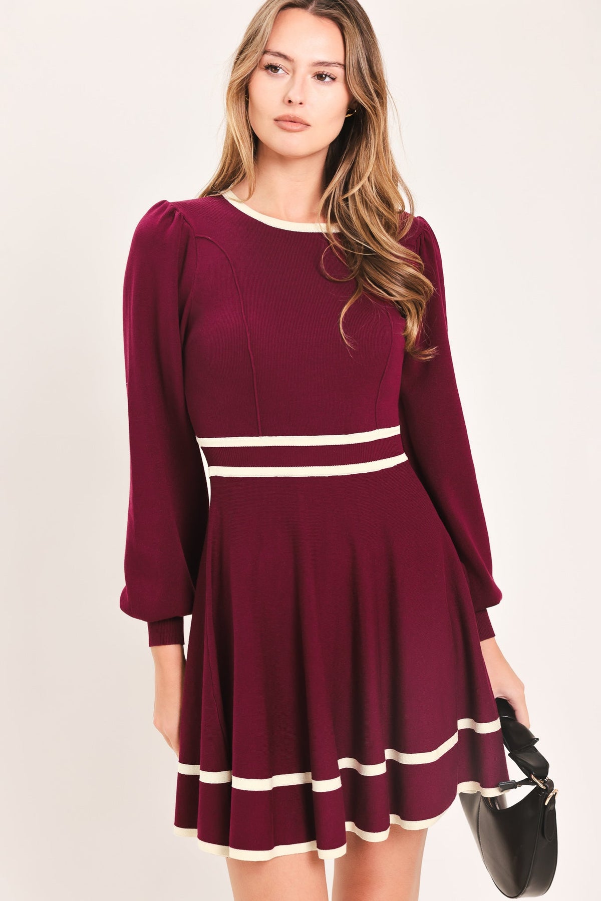 Wine sweater mini dress with ivory stripe waistband and hem, three-quarter puff sleeves