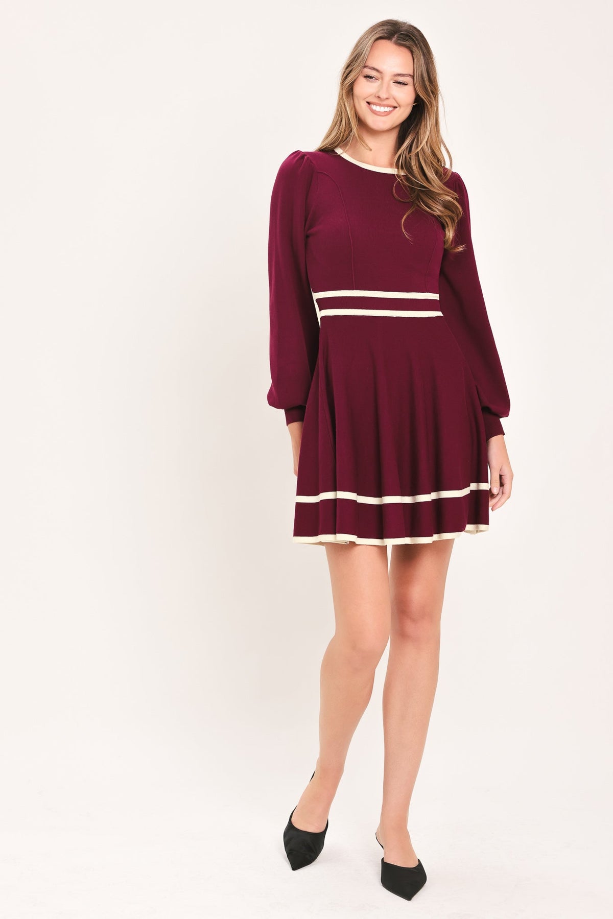 Wine sweater mini dress with ivory stripe hem and waistband, three-quarter puff sleeves