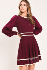 Wine sweater mini dress with ivory stripe waistband, gathered skirt, long balloon sleeves