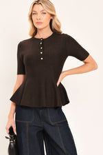 Dark brown knit peplum sweater top with short sleeves and henley button placket