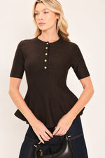 Dark brown peplum knit sweater top with short sleeves and gold-button henley placket