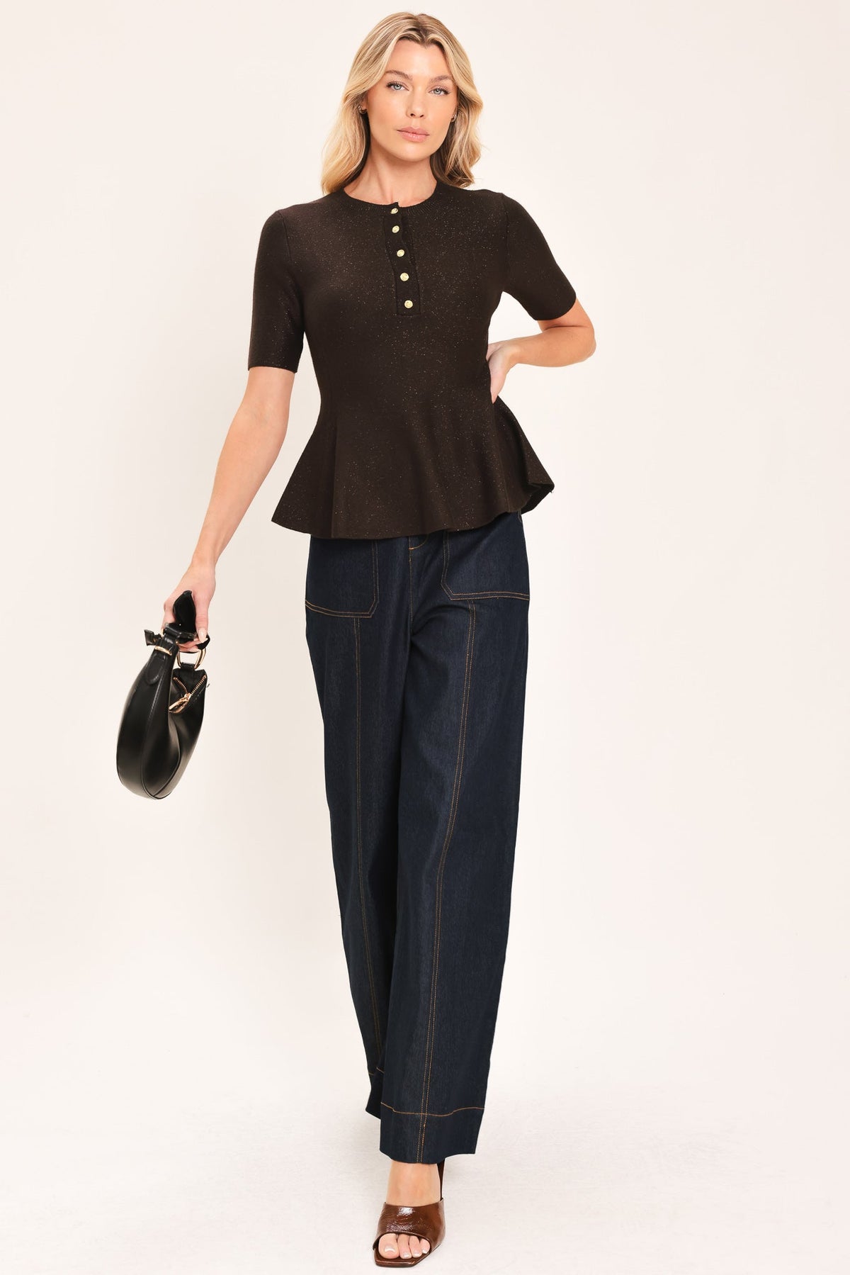 Dark brown knit peplum sweater top with short sleeves and buttoned henley placket