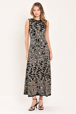 Black paisley jacquard midi sweater dress with sleeveless crew neckline