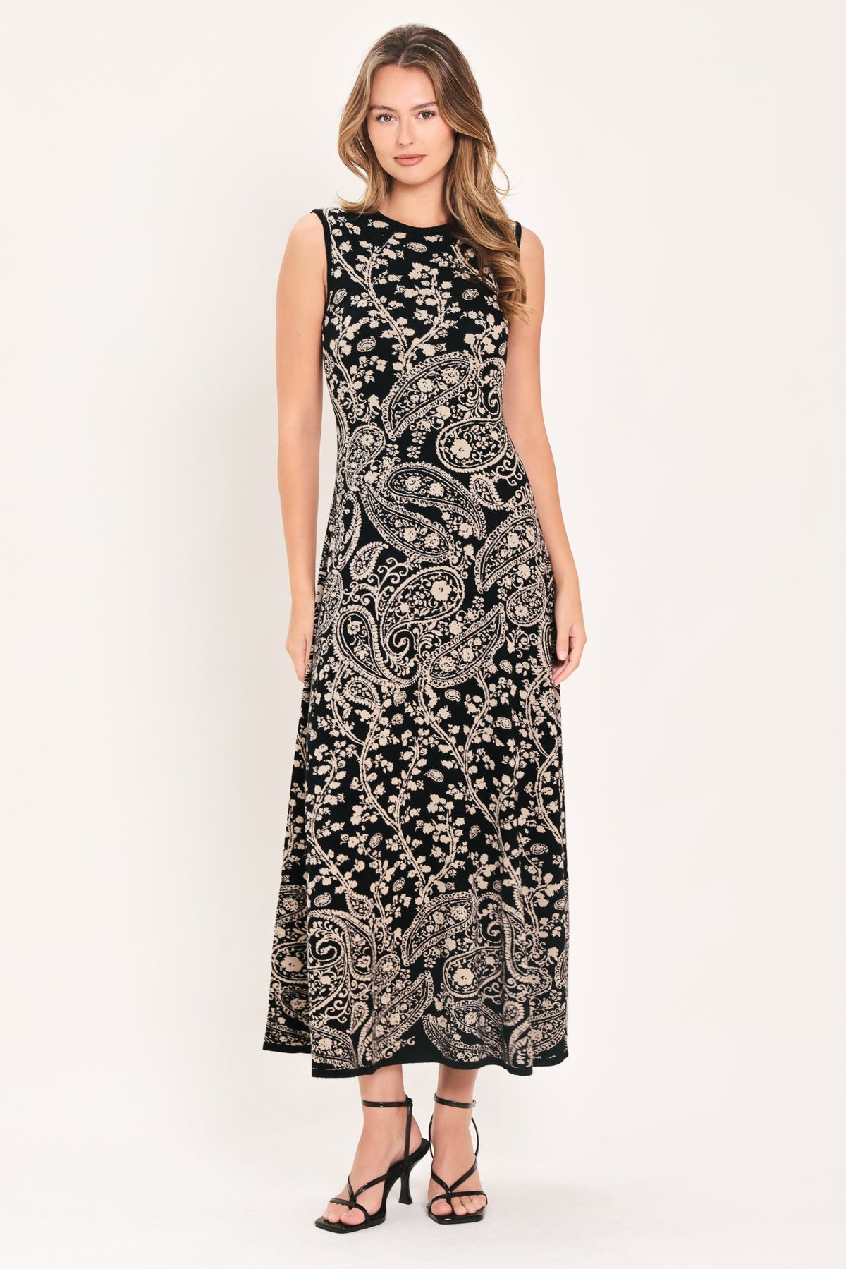 Black paisley jacquard midi sweater dress with sleeveless crew neckline