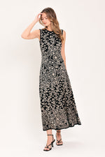 Black paisley jacquard sleeveless midi sweater dress with flared skirt