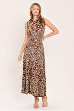 Sleeveless midi sweater dress in brown with paisley jacquard print and fitted waist