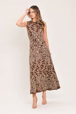 Brown paisley jacquard sleeveless midi sweater dress with fitted bodice