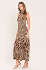 Camel-brown paisley knit midi dress with sleeveless crew neck and fit-and-flare shape
