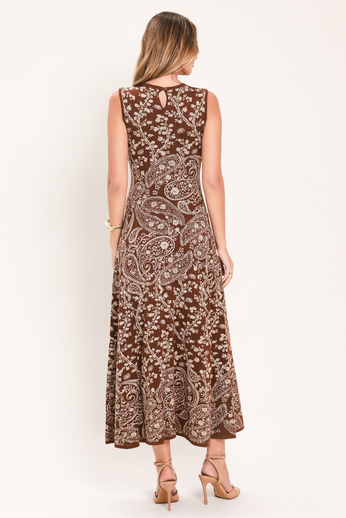 Camel-brown paisley sleeveless midi dress, racerback style, full-length skirt