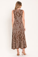 Camel-brown paisley sleeveless midi dress, racerback style, full-length skirt