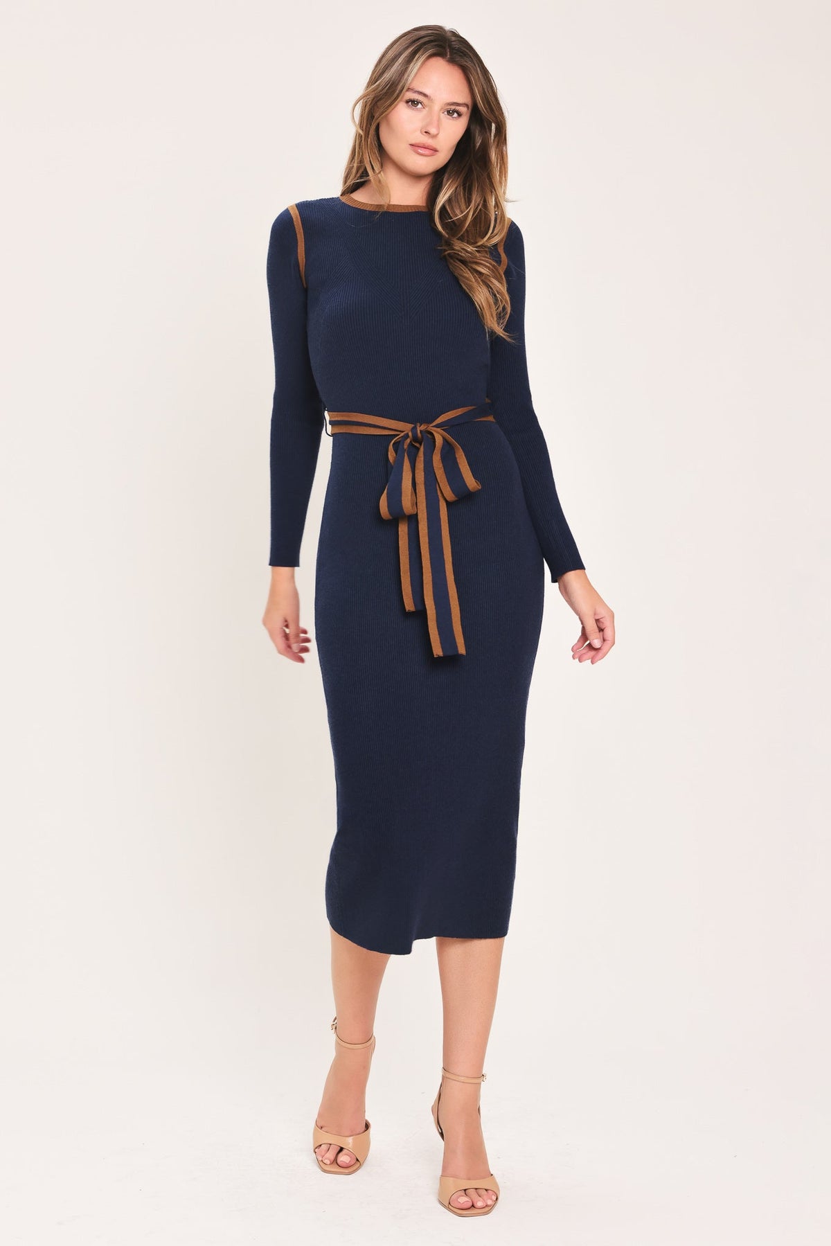 Navy belted sweater midi dress with long sleeves and striped waist tie