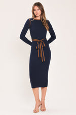 Navy belted sweater midi dress, front view with striped waist tie