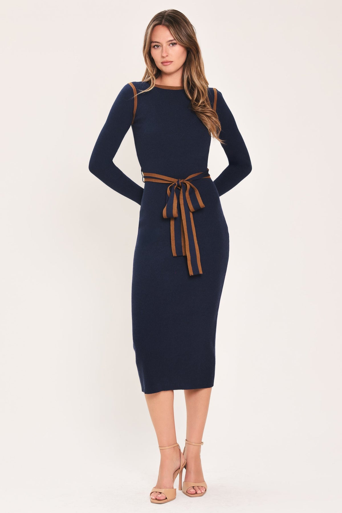 Navy belted sweater midi dress, front view with striped waist tie