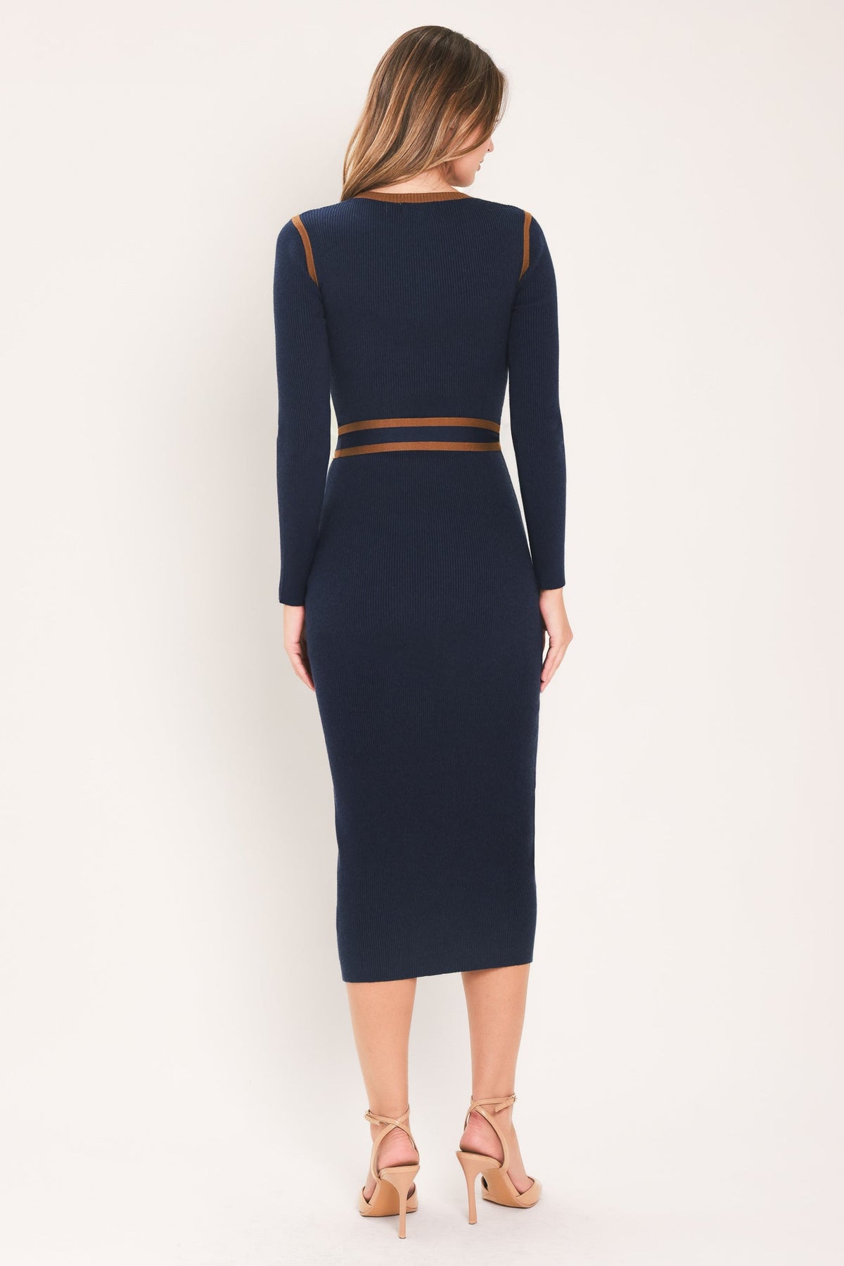 Navy belted sweater midi dress, back view with striped waist band
