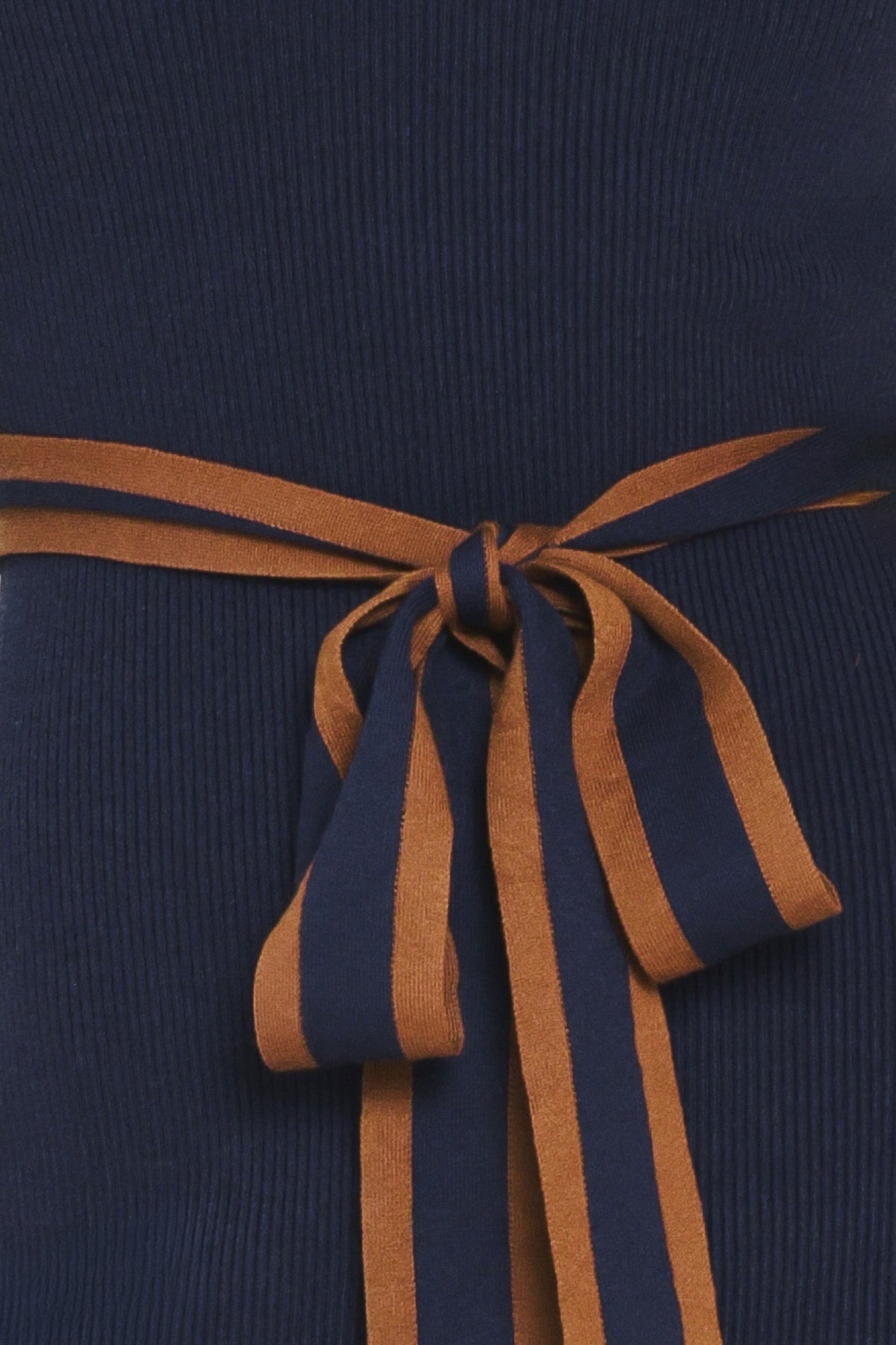 Striped waist tie bow detail on navy sweater midi dress